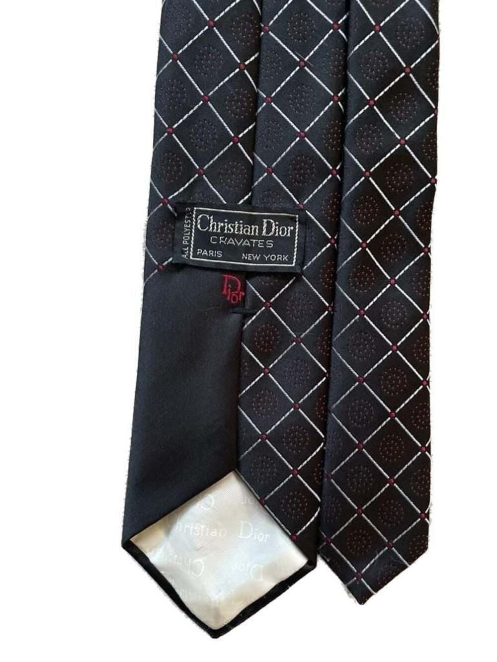 Vintage Christian Dior Black Geometric Diamond Pattern Polyester Necktie